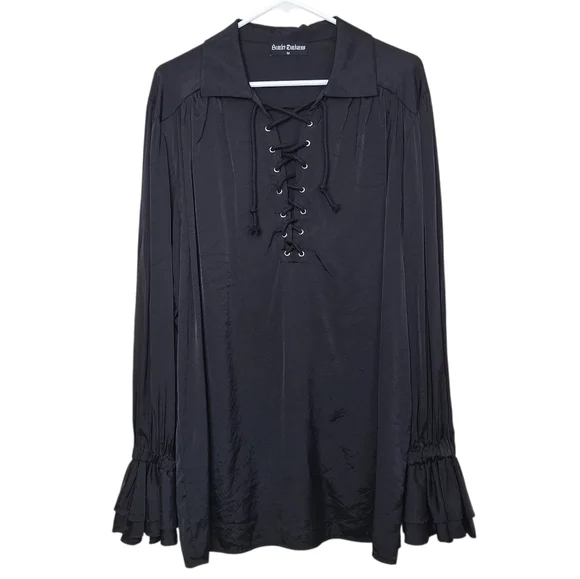 Scarlet Darkness Black Lace-Up Gothic Top | Ruffle Poet Sleeve Blouse | Size M - Picture 3 of 11